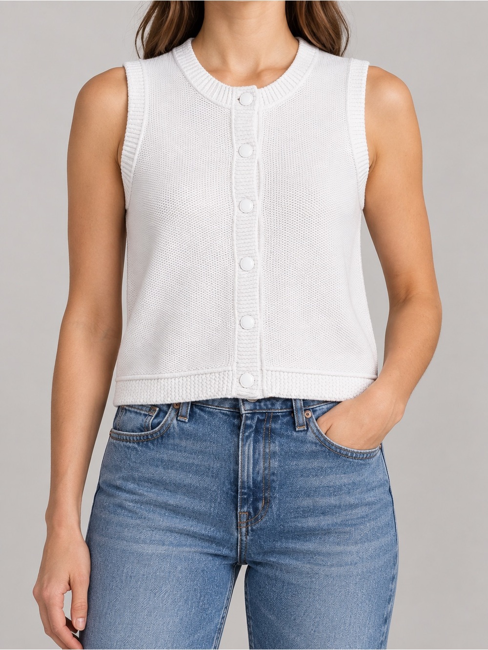 NWT J. Crew Womens Sweater Vest White Classic Ribbed Knit Cropped Button Up S